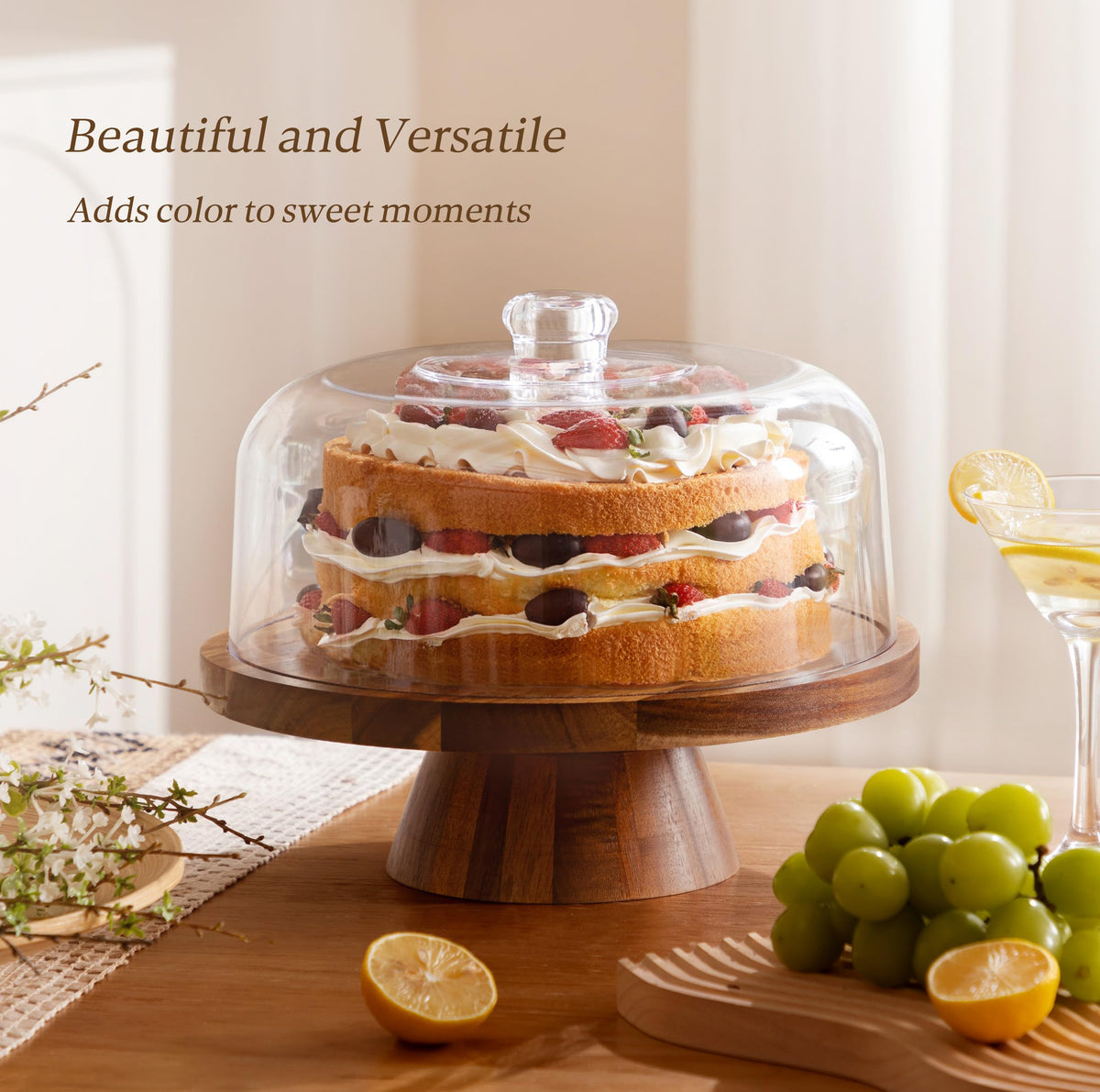 Cake Stand with Lid (11.4"), Multifunctional Cake Stand with Acrylic Dome, Acacia Wood 6-in-1 Cake Plate Display