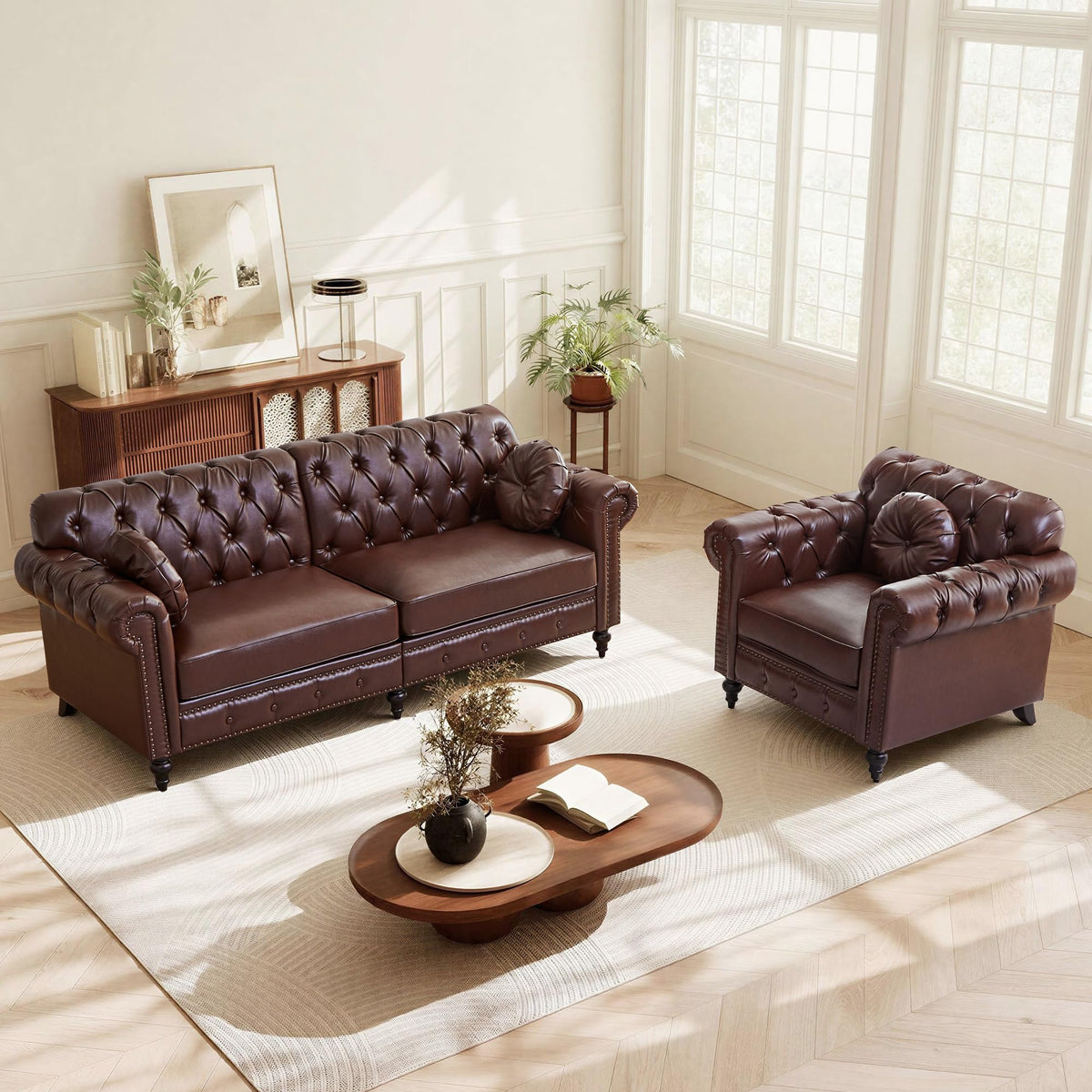 2 Pieces Living Room Furniture Set, High Back Modern Faux Leather Chair Loveseat Couch with Button Tufted, Nailhead