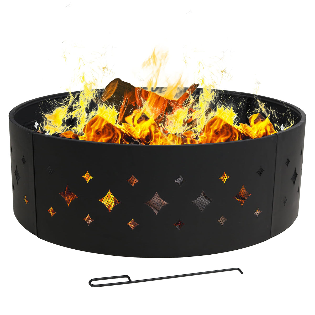 36-Inch Fire Pit Ring for Outside Wood Burning, Diamond Cutouts