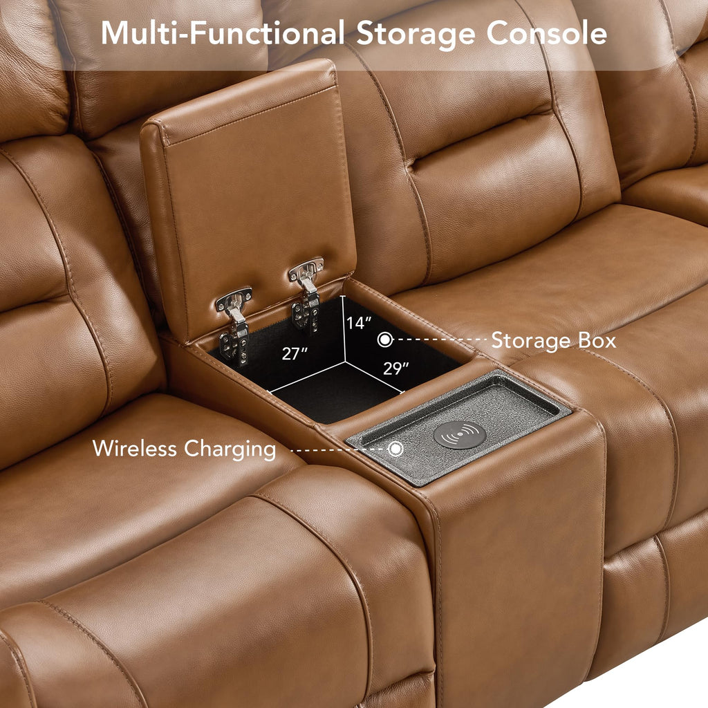 Genuine Leather Power Reclining Sofa & Loveseat Set, Saddle