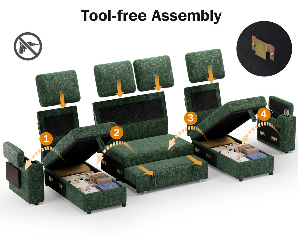 108" Modular Sectional Sleeper Sofa with Pull Out Bed, 4 Seat Chenille U Shaped Couch with USB Ports|Cup Holders|Side