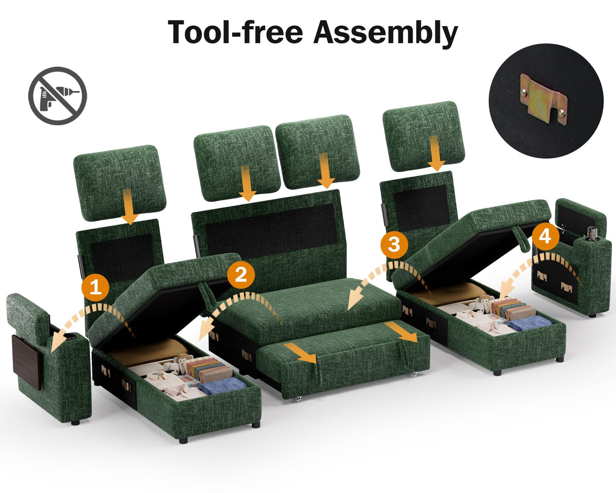 108" Modular Sectional Sleeper Sofa with Pull Out Bed, 4 Seat Chenille U Shaped Couch with USB Ports|Cup Holders|Side