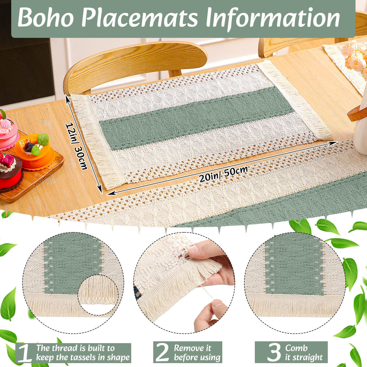 Boho Table Runner and Placemats Set, 6 Sets, Green, 12x72