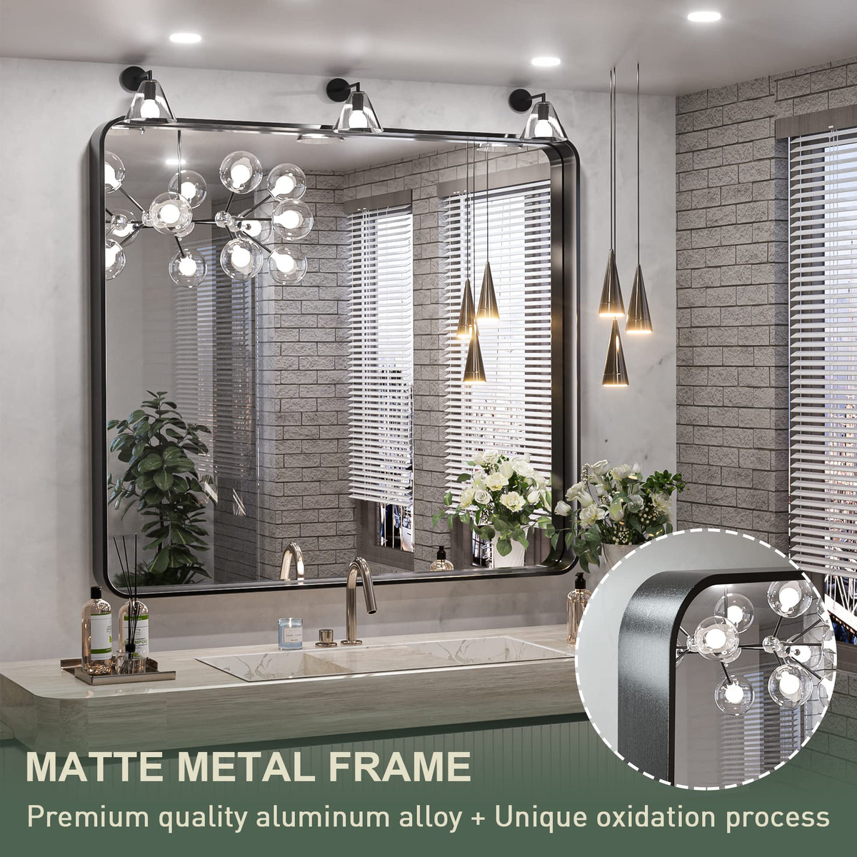 36 x 36 Inch Wall Mirror Black Bathroom Vanity Mirror with Metal Frame Aluminum Alloy Soft Rounded Corner for Modern