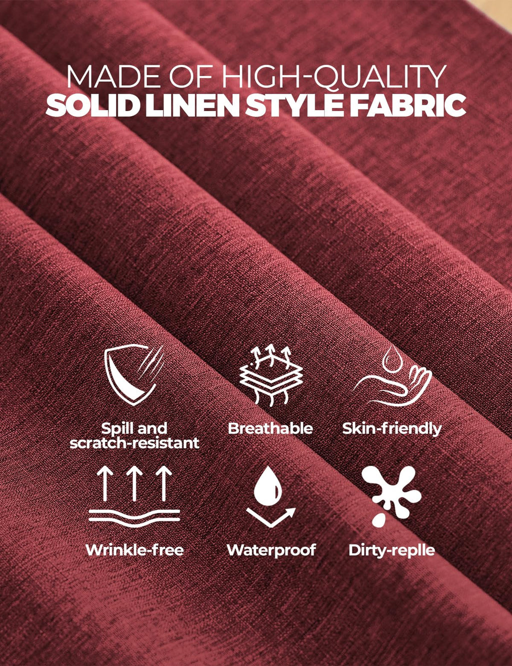 Faux Linen Farmhouse Table Cloth 60"x84" for 4-6 ft Rectangle Table, Burgundy Waterproof Outdoor Washable Cloth