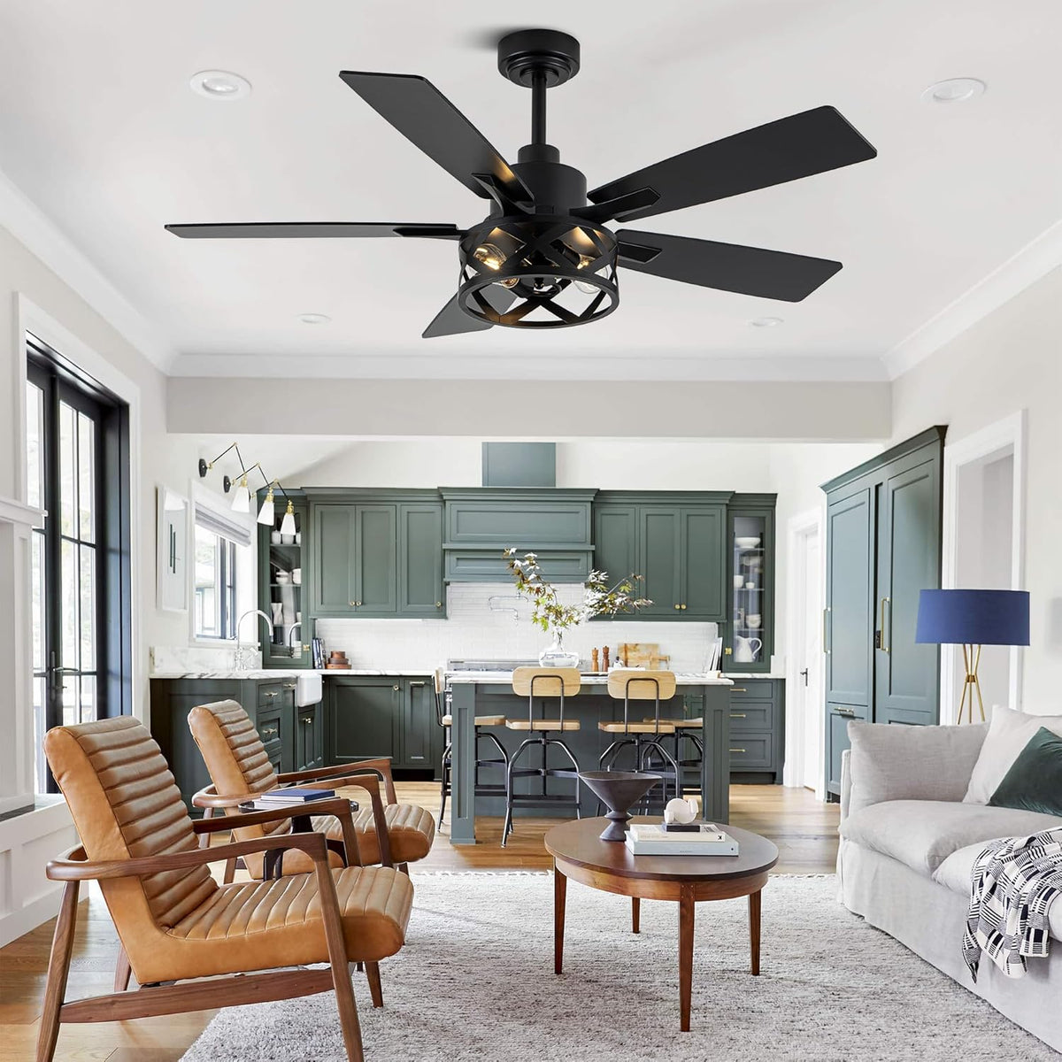 52" Farmhouse Ceiling Fan with Lights and Remote,Ceiling Fan with Caged Rustic Light Fixture,Reversible DC Motor