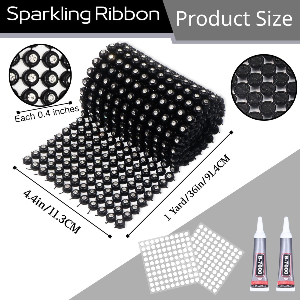 Black White Sparkling Rhinestone Ribbon Mesh Rhinestone - 1 Yard