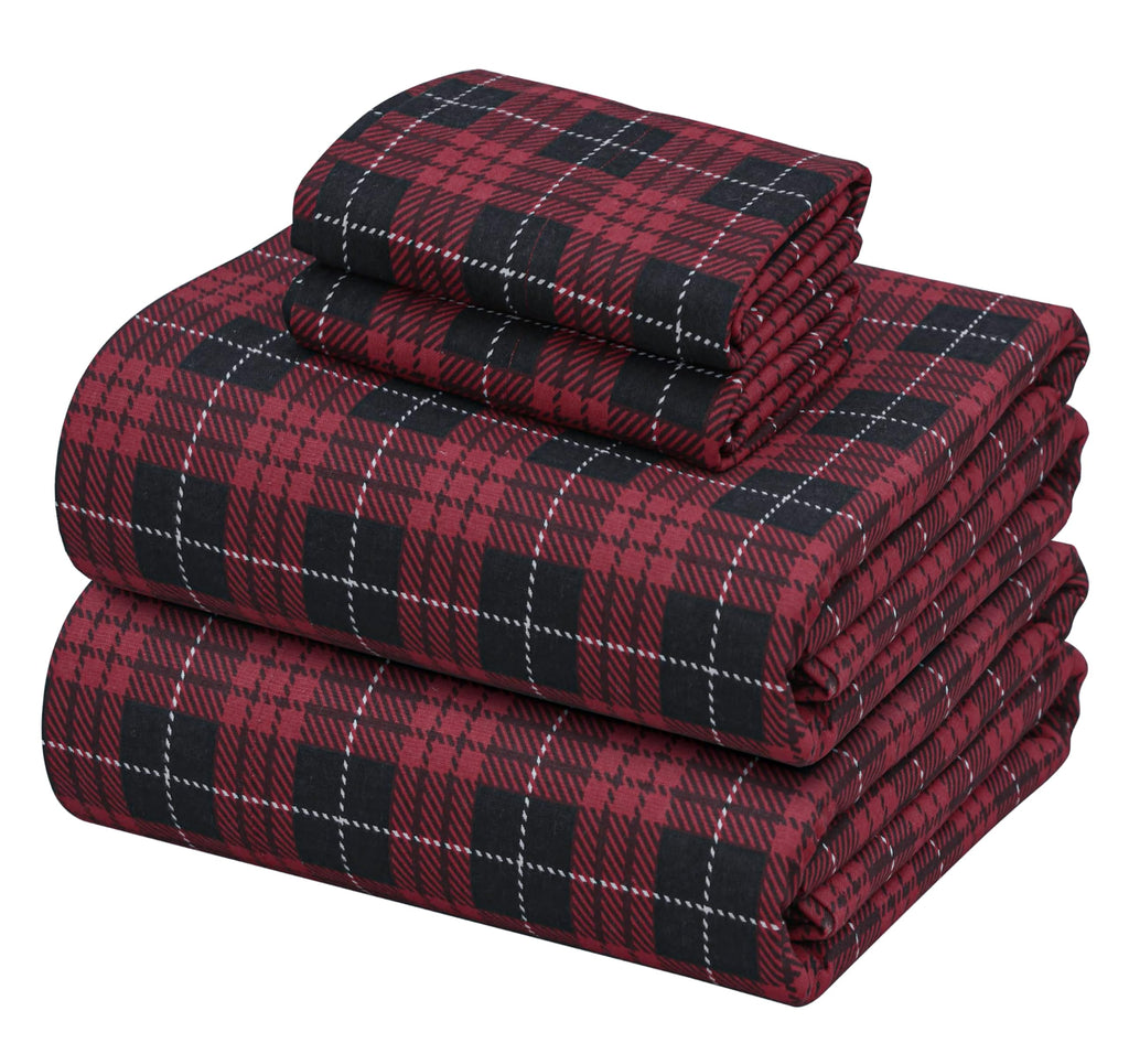 100% Cotton Flannel Sheets, 4 PCs, Red Buffalo Check