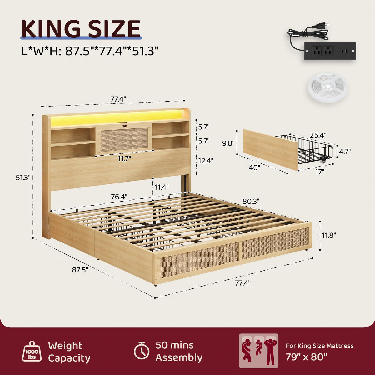 King Size Rattan Bed Frame with 4 Storage Drawers and 51.3" Tall Hidden Storage Headboard Wooden Platform Bed Frame