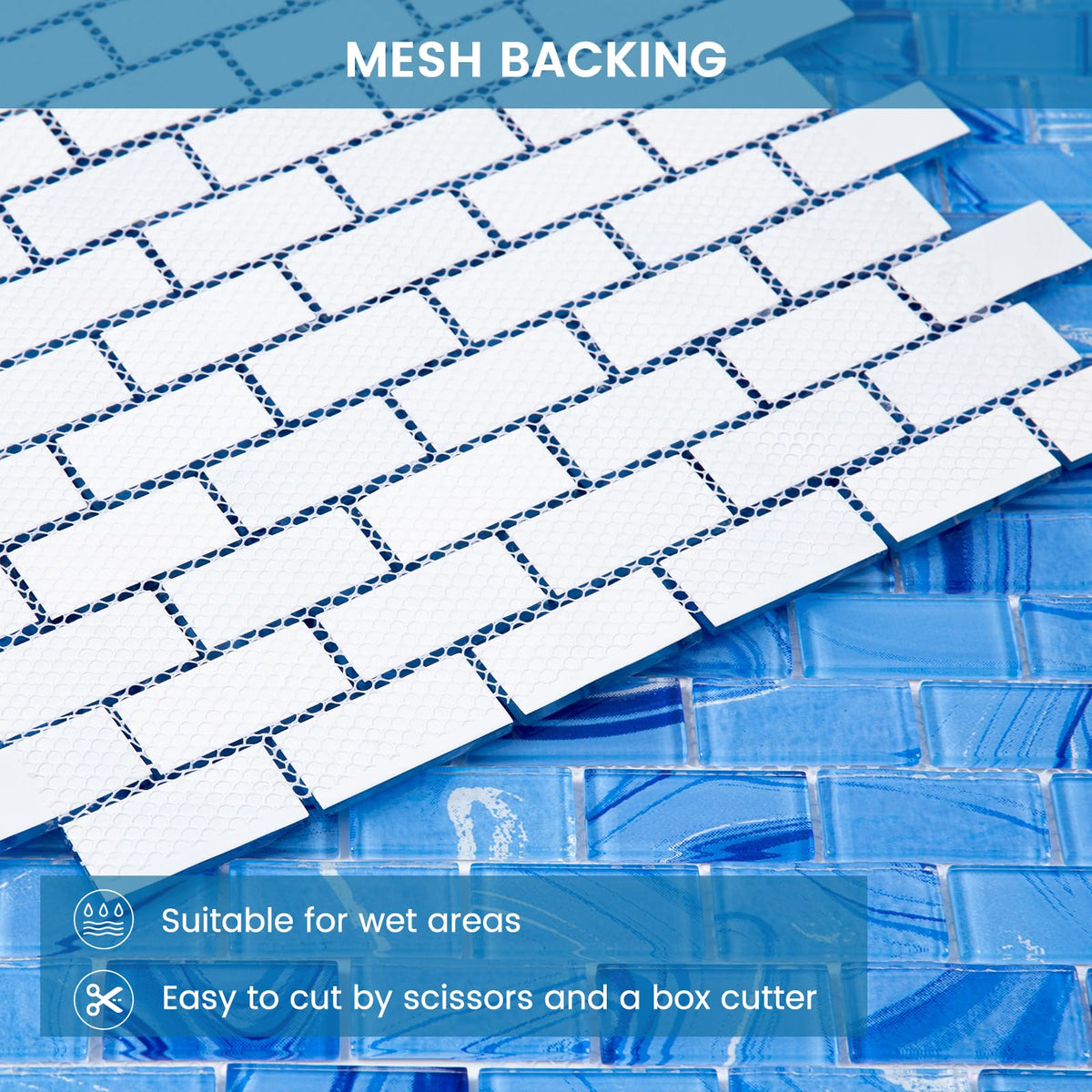 Glass Mosaic Tile Blue Line 12 x 12 Inch Glossy Glass Tile for Swimming Pool Backsplash Shower Waterline Fountain Spa