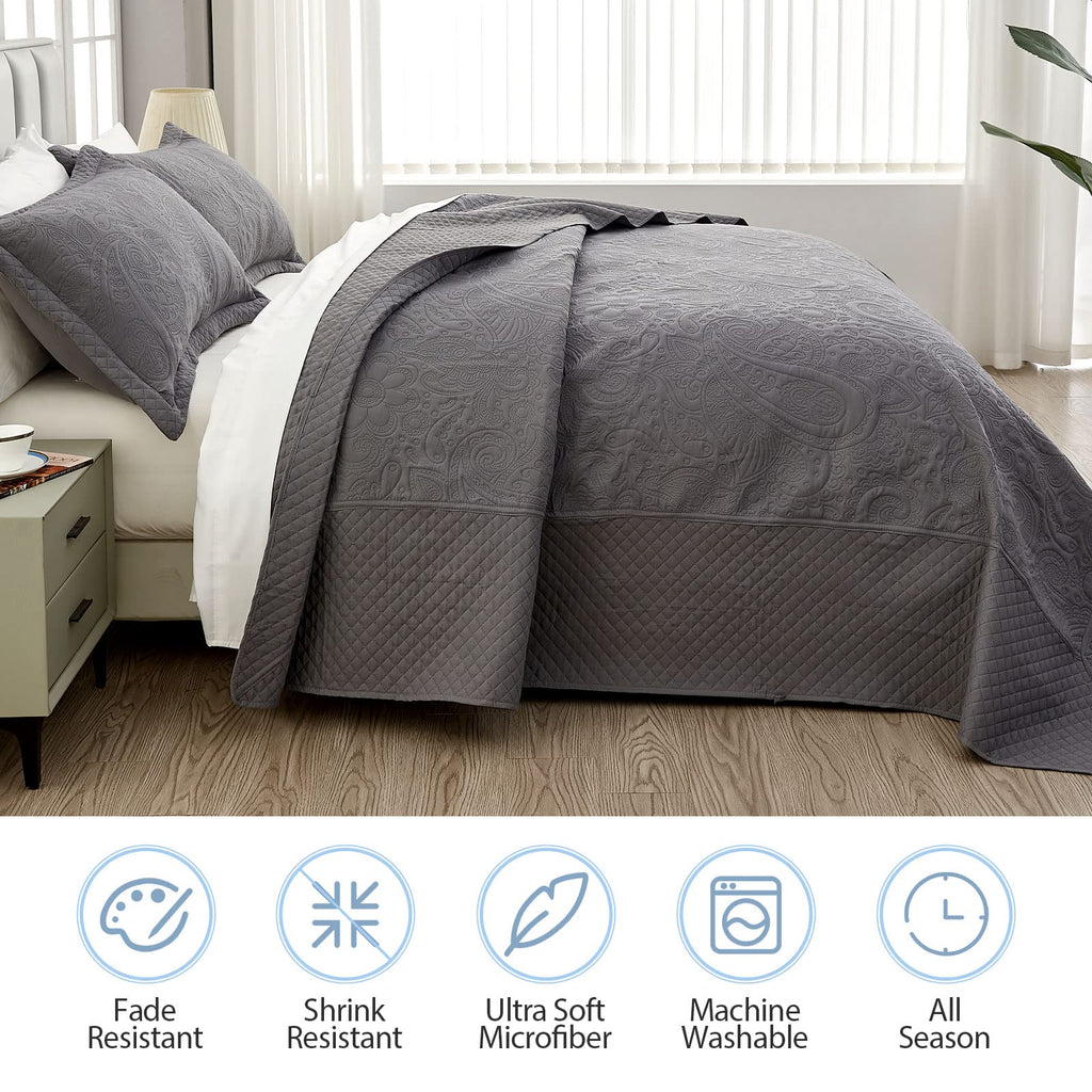 California King Bedspreads 128x120, Soft Microfiber Ultrasonic Lightweight Dark Grey Oversized King Quilt, 3 Piece