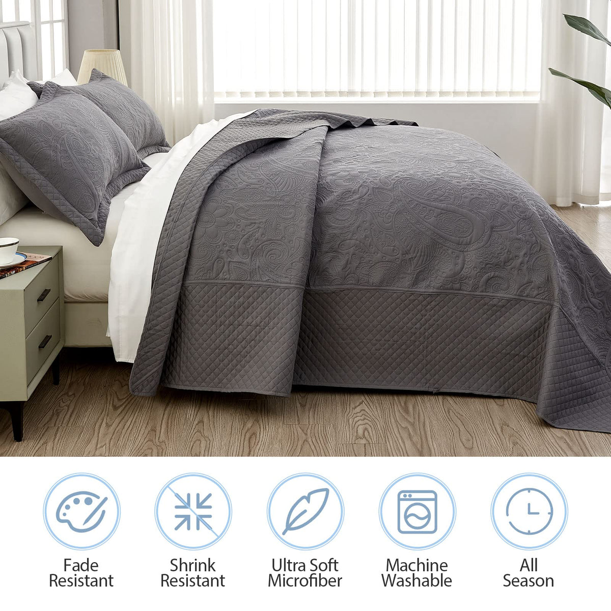 California King Bedspreads 128x120, Soft Microfiber Ultrasonic Lightweight Dark Grey Oversized King Quilt, 3 Piece