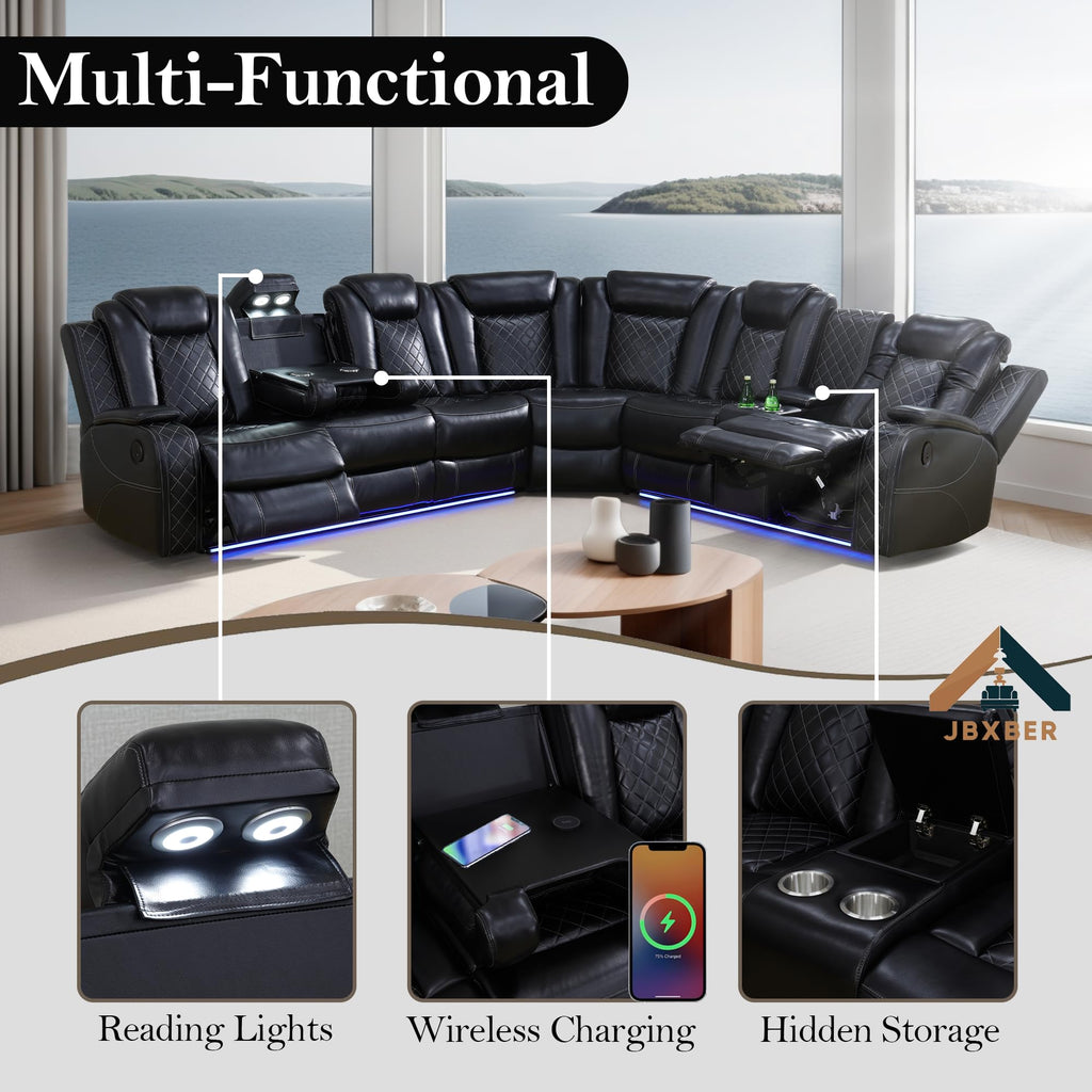 Power Recliner Sectional Sofa Set, Leather Recliner Sofa Sets, L-Shaped Corner Sectional Couch Sets with LED Lights