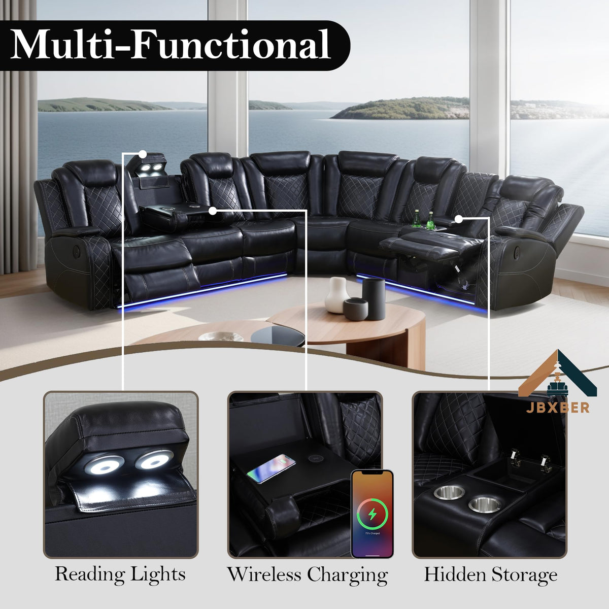 Power Recliner Sectional Sofa Set, Leather Recliner Sofa Sets, L-Shaped Corner Sectional Couch Sets with LED Lights