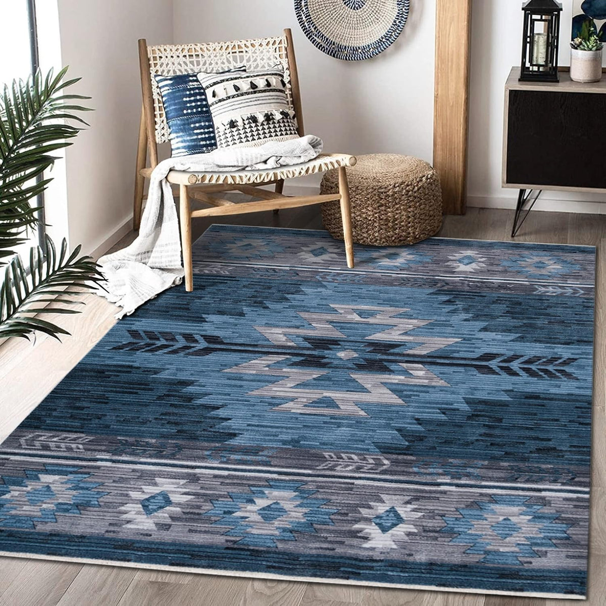 HR- Southwestern Rug Navajo Native American Inspired Modern Faded Tribal Floorcover Area Rugs Navy Blue Gray