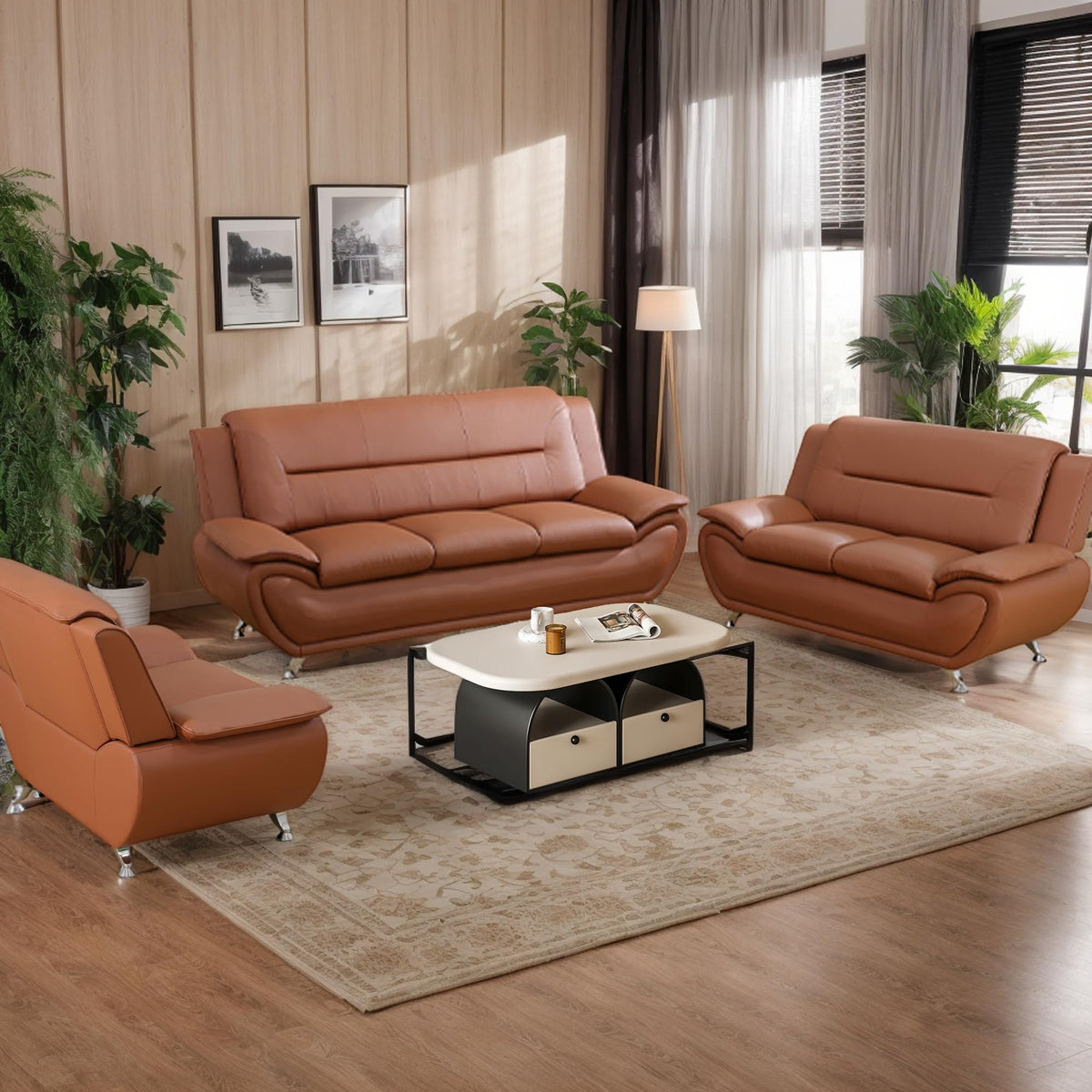 Leather Living Room Sofa Set, Equipped with Metal Leg Support Pillow Top Armrests, Perfect s, Offices, and Lounges