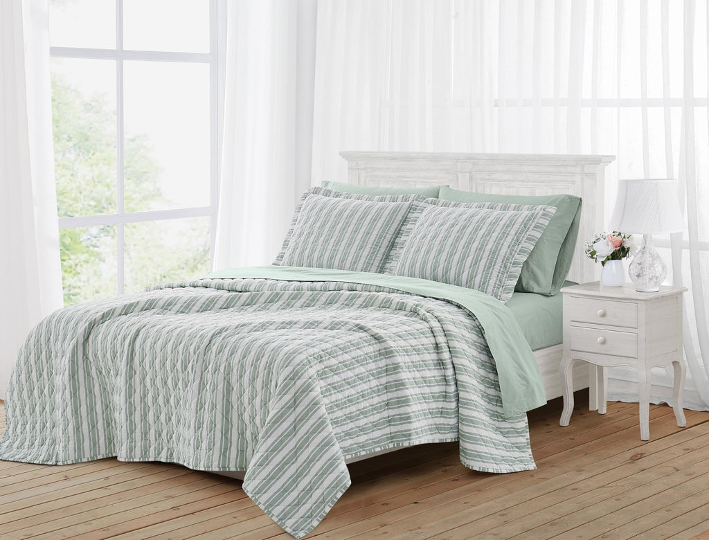 Wide Ticking Stripe Green 3 Piece Quilt Set