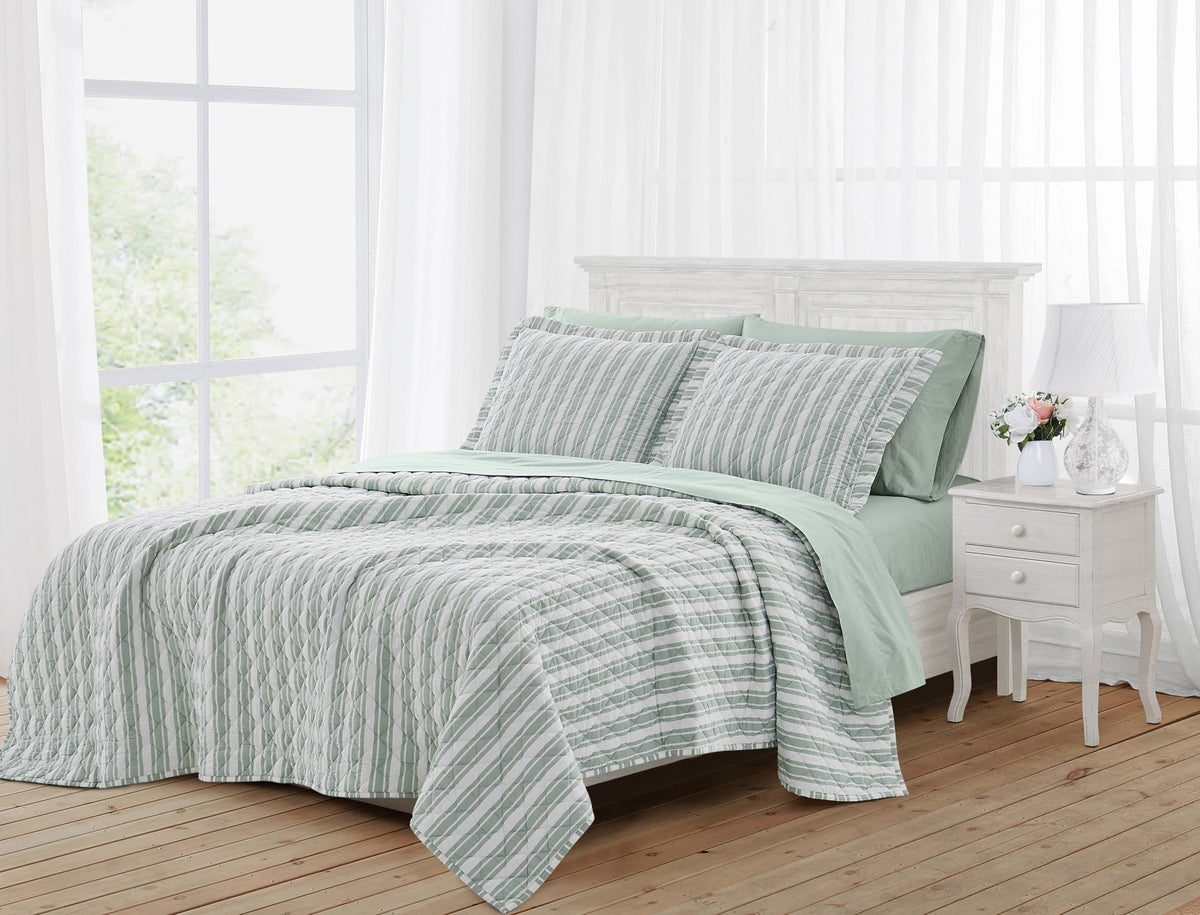 Wide Ticking Stripe Green 3 Piece Quilt Set