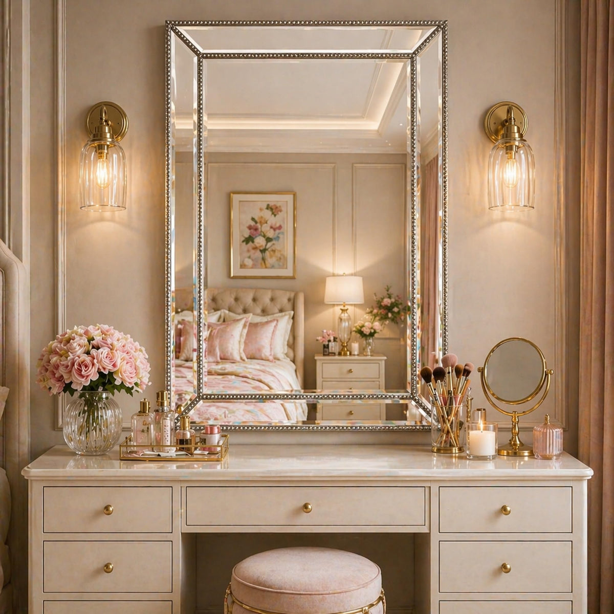 20x32 Silver Beaded Vintage Antique Venetian Bathroom Vanity Wall Mirror