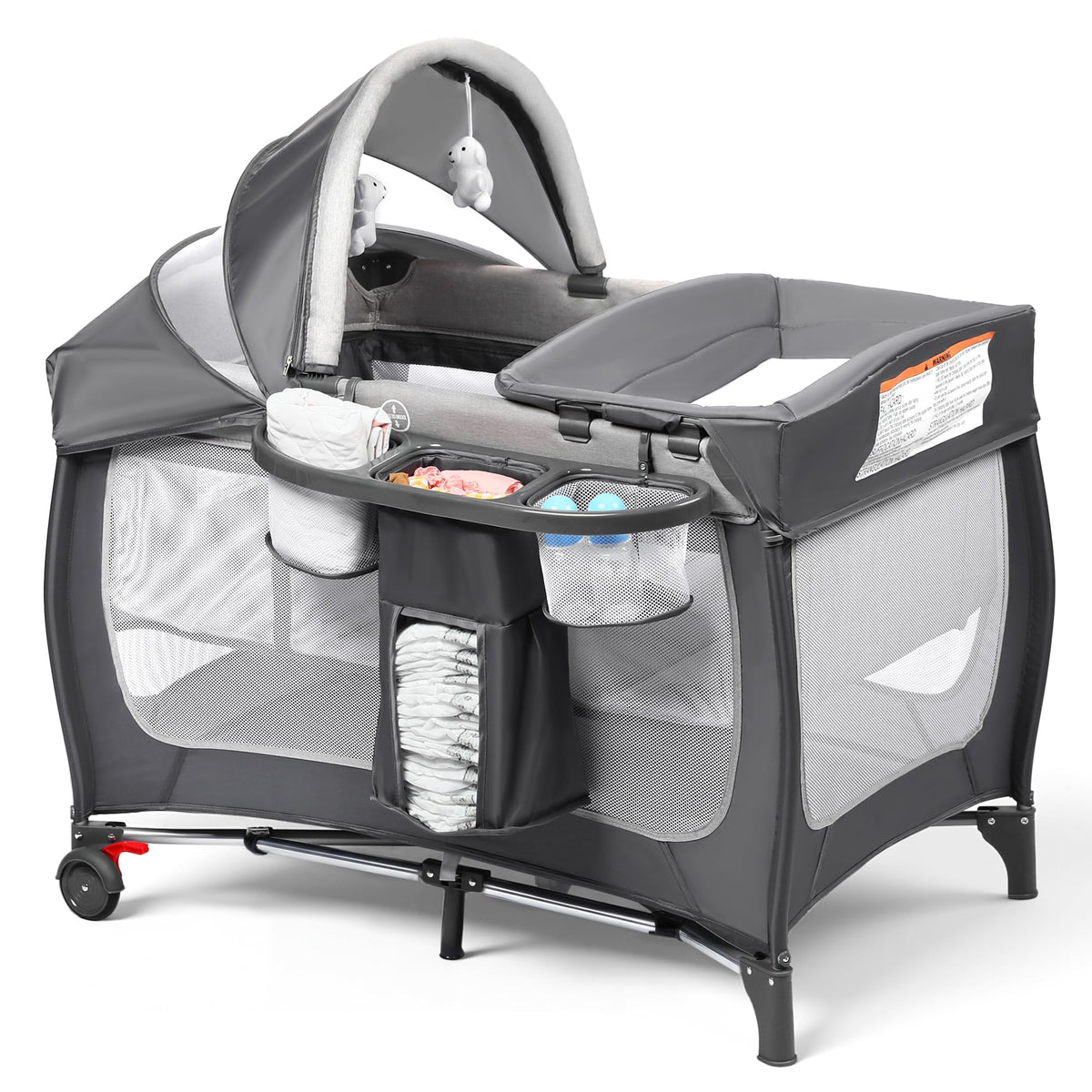 4 in 1 Portable Play Yard, Baby Playard w/Bassinet, Grey