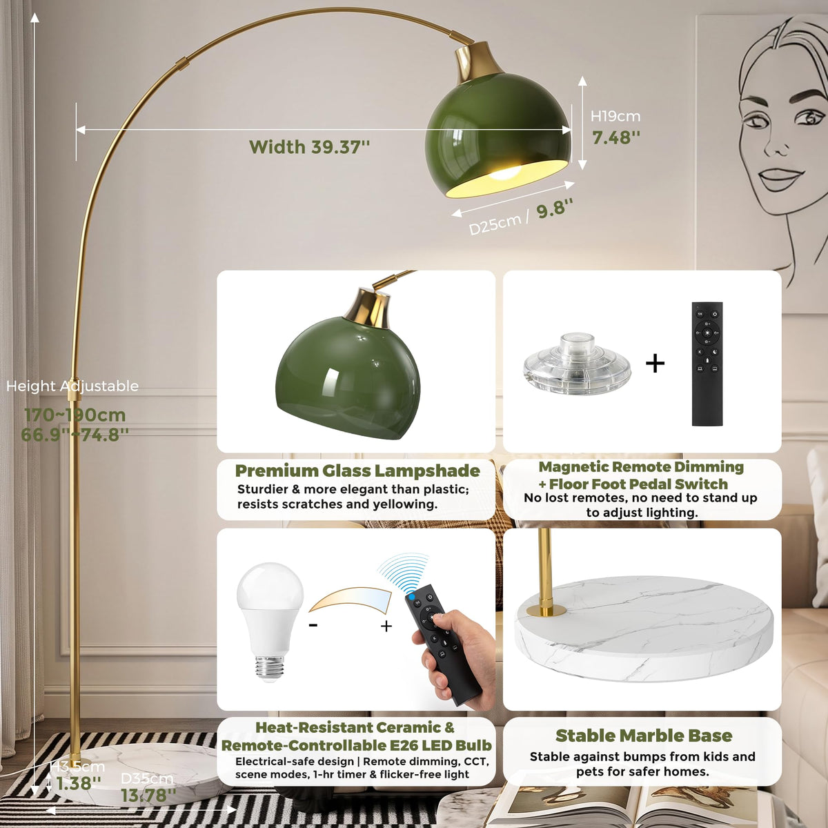 Inspired Arco Style 75" Modern Arc Floor Lamp, Standing Lamp with LED Bulb, Green Glass Shade