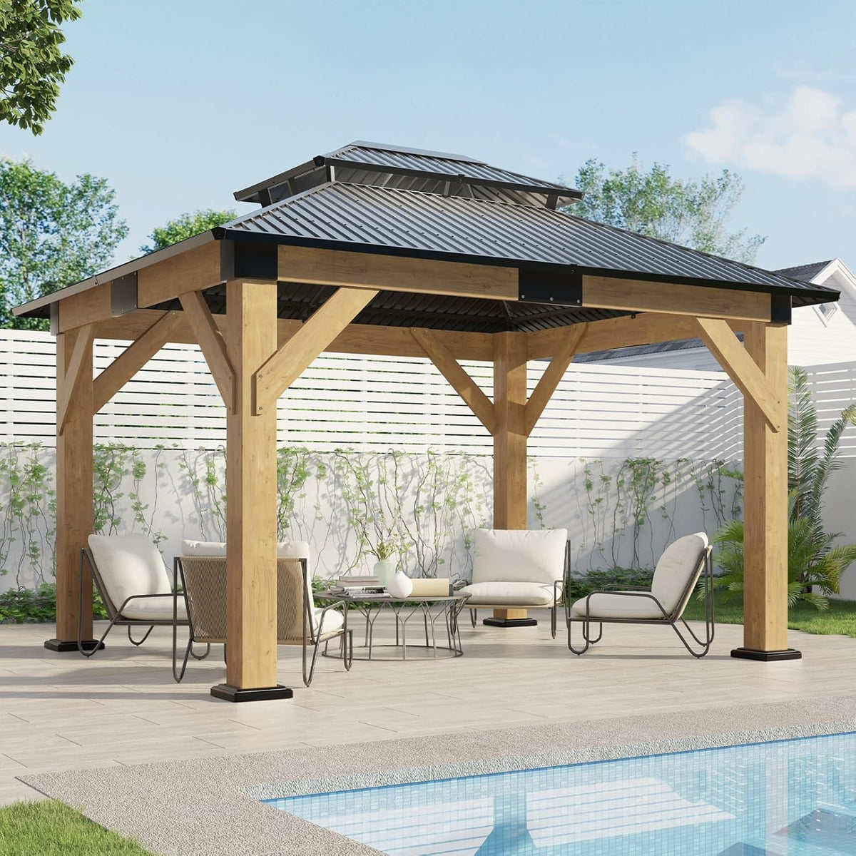 10x12 Wood Gazebo, Hardtop Gazebo with Spruce Frame and Aluminum Double Roof, Outdoor Pergola for Parties, Backyard