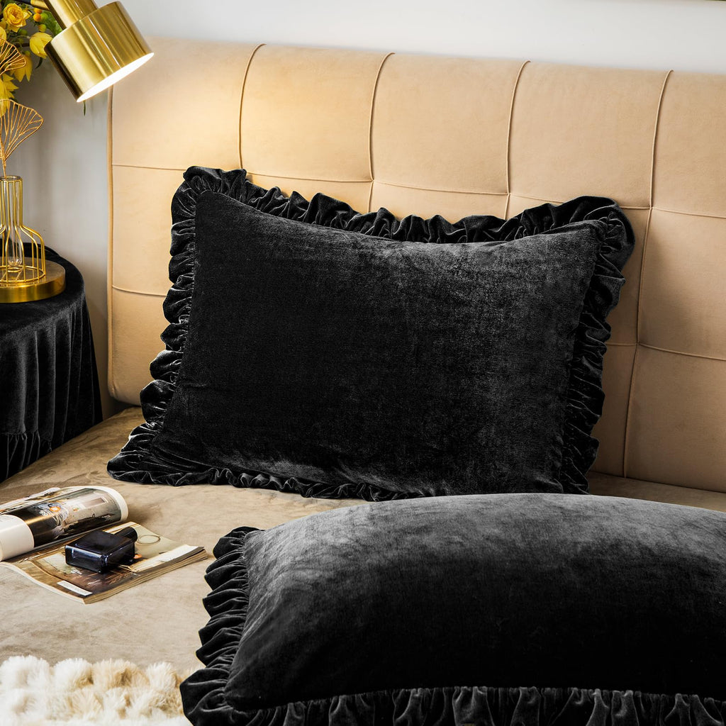 Velvet Pillow Shams Set of 2 Retro Ruffle Flounces Trim Soft Decorative Luxurious Solid Obsidian Black Farmhouse