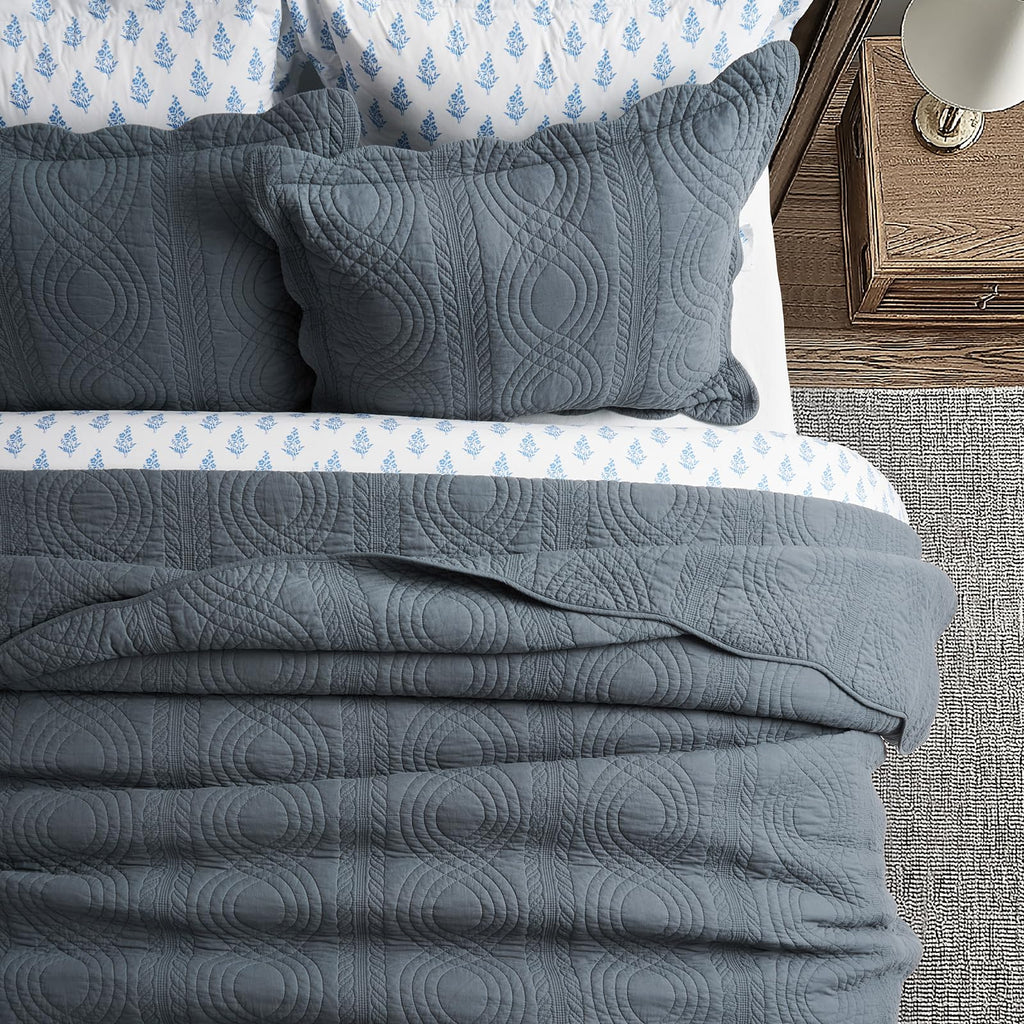 100% Cotton Scallop Quilt Set, Stormy Blue