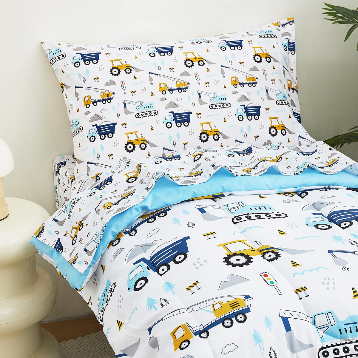 Cars Toddler Bedding Set, 4-Piece Bed-in-a-Bag Comforter Set for Boys, Construction Truck Bedding, Machine Washable
