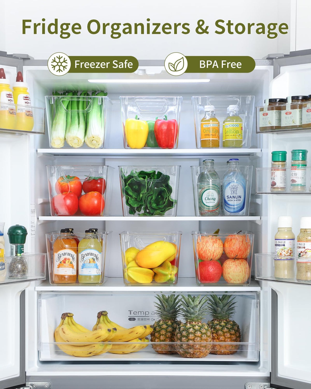 Clear Fridge Organizers and Storage Bins Container with Labels