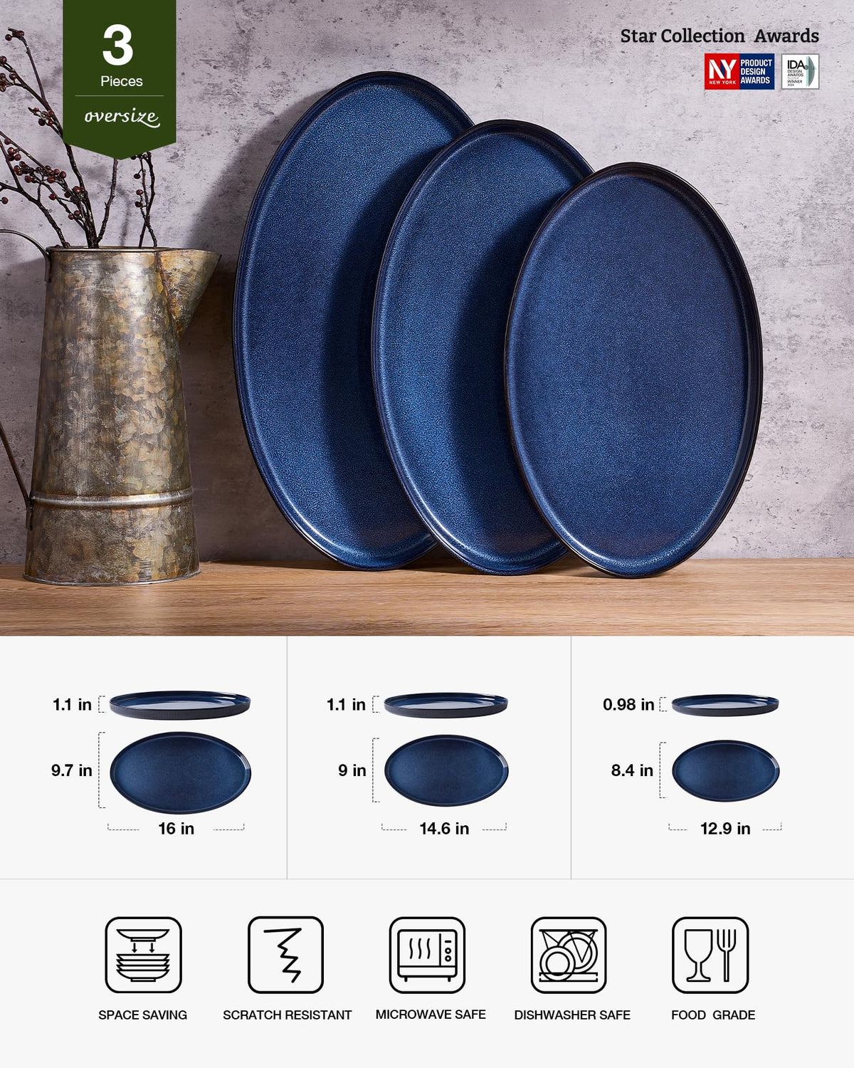 Large Serving Platters Set of 3 Sizes - Oval, Nebulas Blue