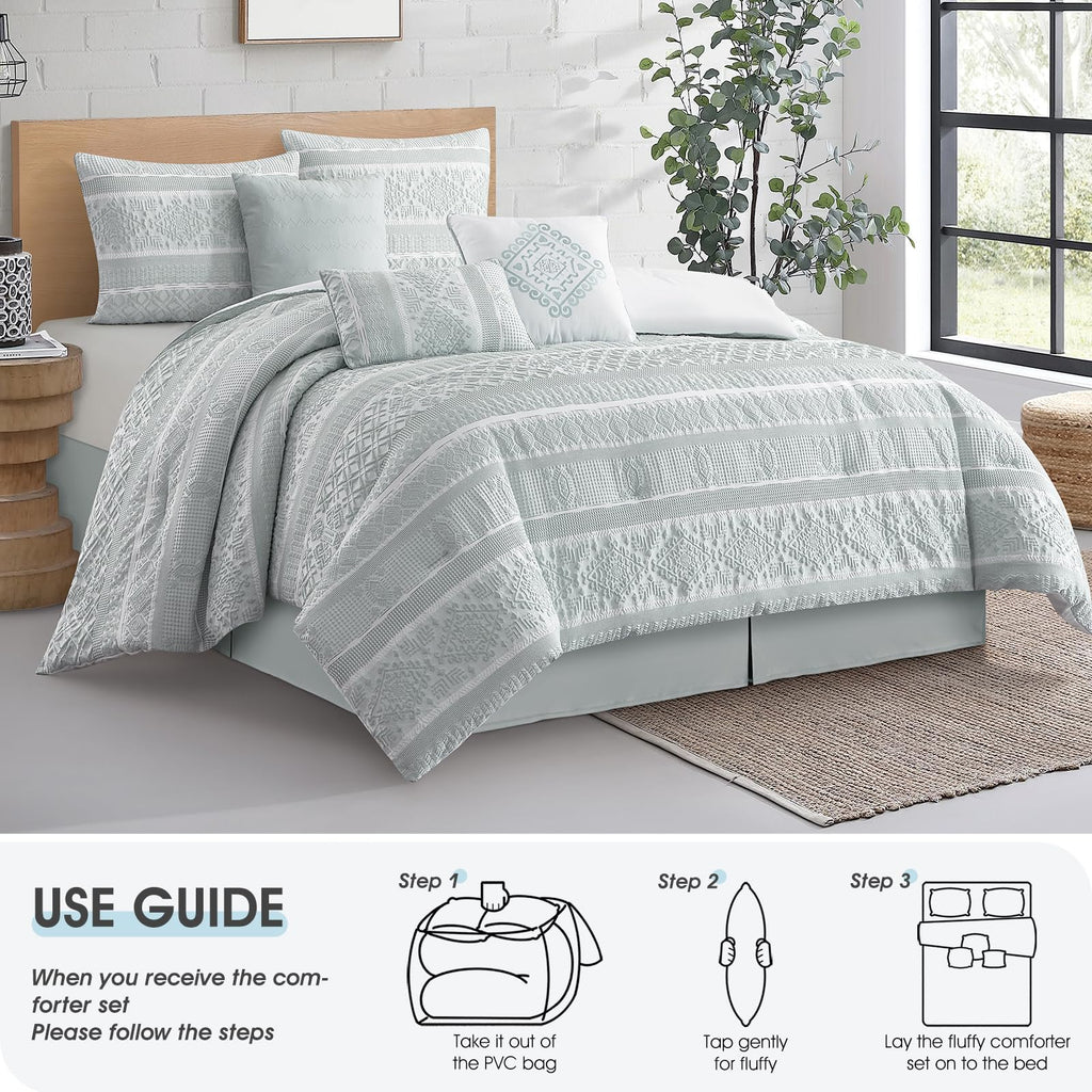 7 Piece Comforter Set, Dusty Green, Elegant Jacquard with Patchwork, Stylish and Cozy Bedding Collection