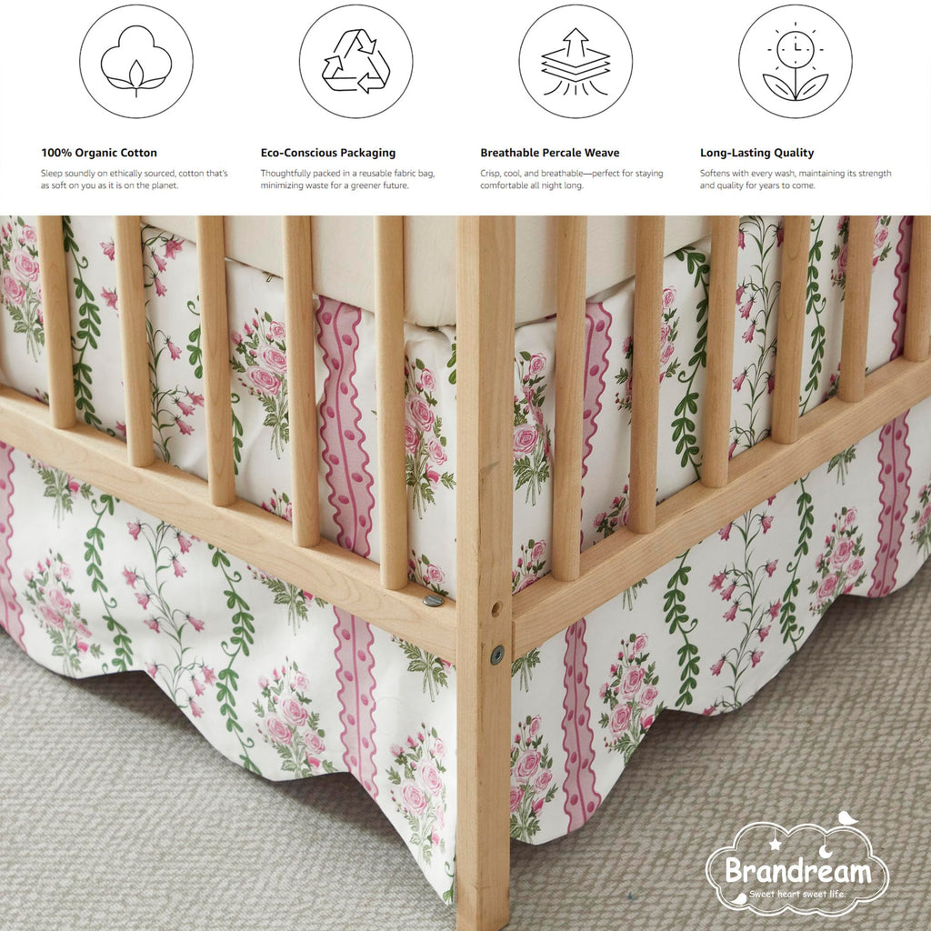 Scallop Edge Crib Skirt Organic Cotton Toddler Bedskirt Floral Stripes and Vines Baby Nursery Crib Bed Skirt Neutral