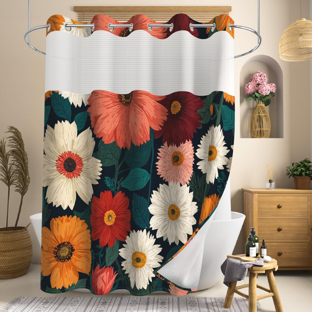 Hook-Free Waterproof Shower Curtains with Snap in Liner and Top Ventilation Window, Washable Shower Curtain with