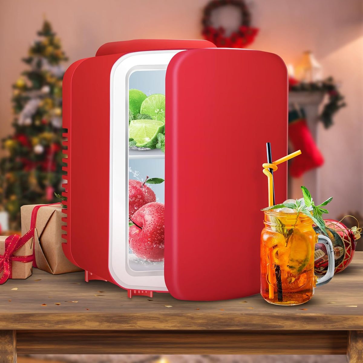Portable Mini Fridge, 4L/6 Can Cooler and Warmer Compact Refrigerator for Skincare, Cosmetics, Beverage, Food, for Bedroom, Red, Office, Dorm, Freon-Free, Red