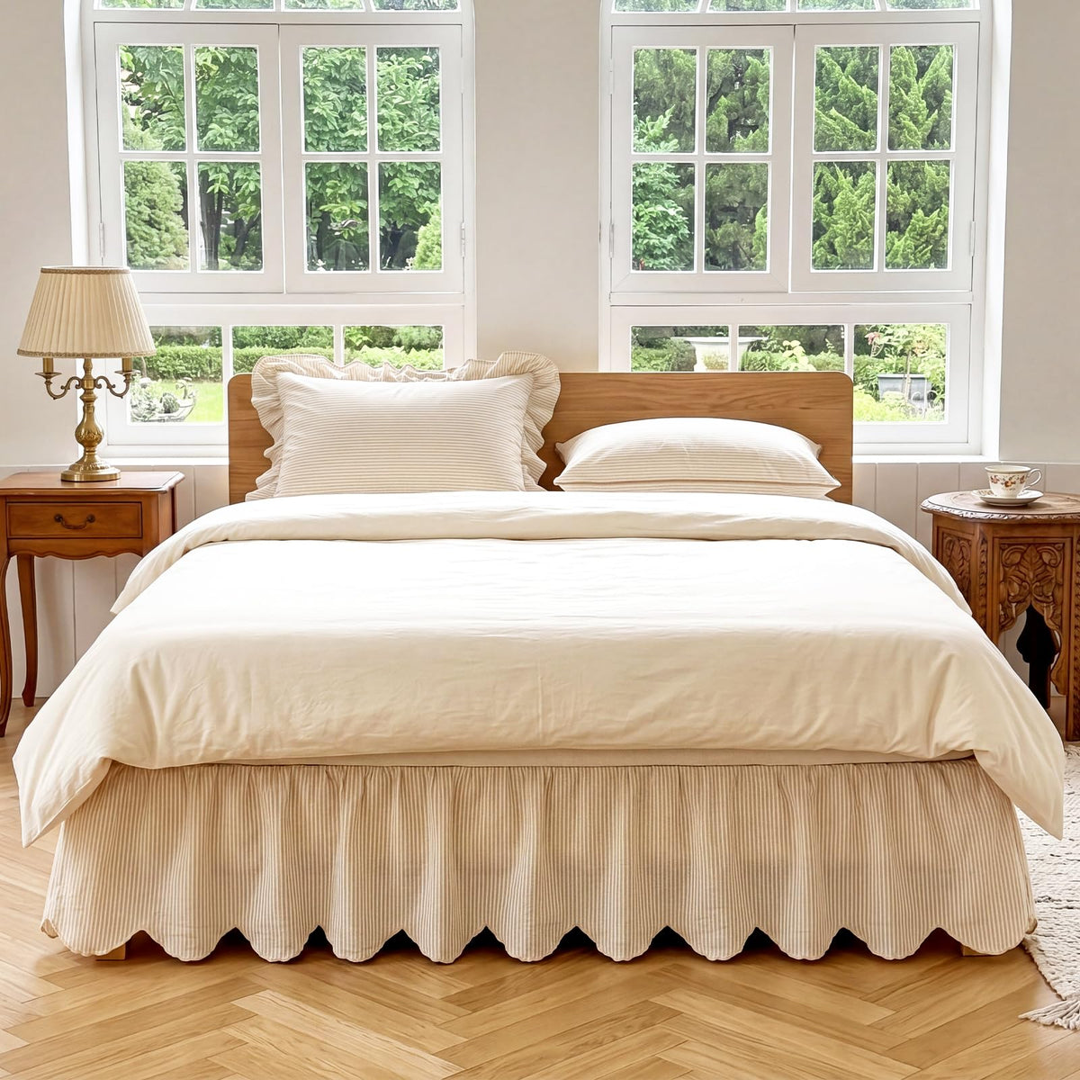 Striped Bed Skirt, 16" Drop, Scallop Dust Ruffle, Cream Ivory
