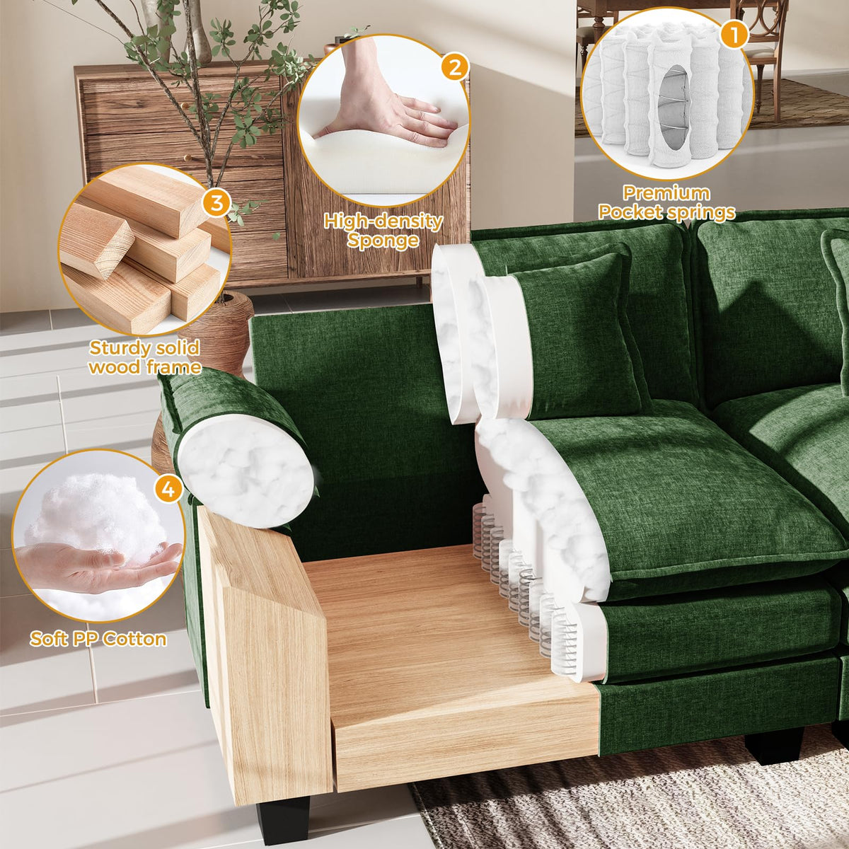 156" U Shaped Modular Sectional Cloud Couch with Ottoman, 7-Seats Chenille Comfy Deep Seat Upholstered Modern Sofa