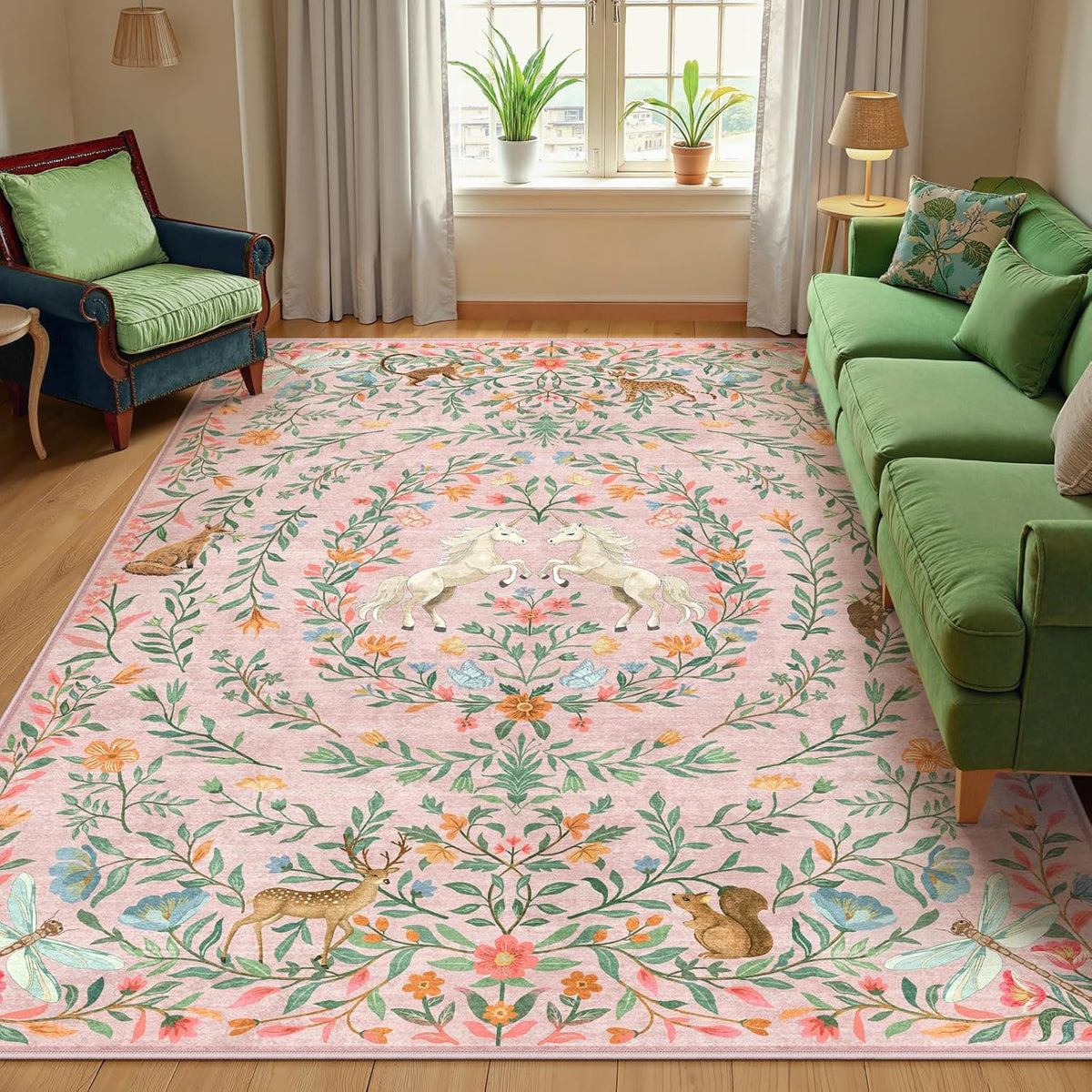Machine Washable Area Rugs for Living Room, Non Slip Soft Low Pile Unicorn Floral Farmhouse Moroccan Vintage