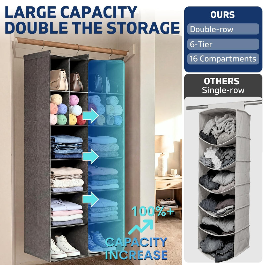 6 Tier Hanging Closet Organizer, 16 Compartments Dual Row Storage, Grey