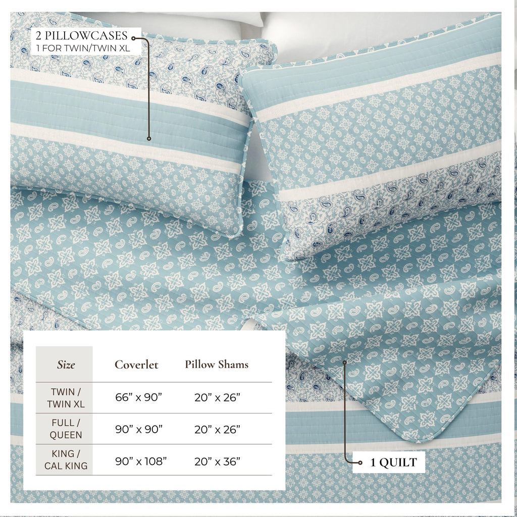 Striped Quilt Set - 3-Piece Size Paisley Bedding Set - Lightweight, All-Season, Reversible
