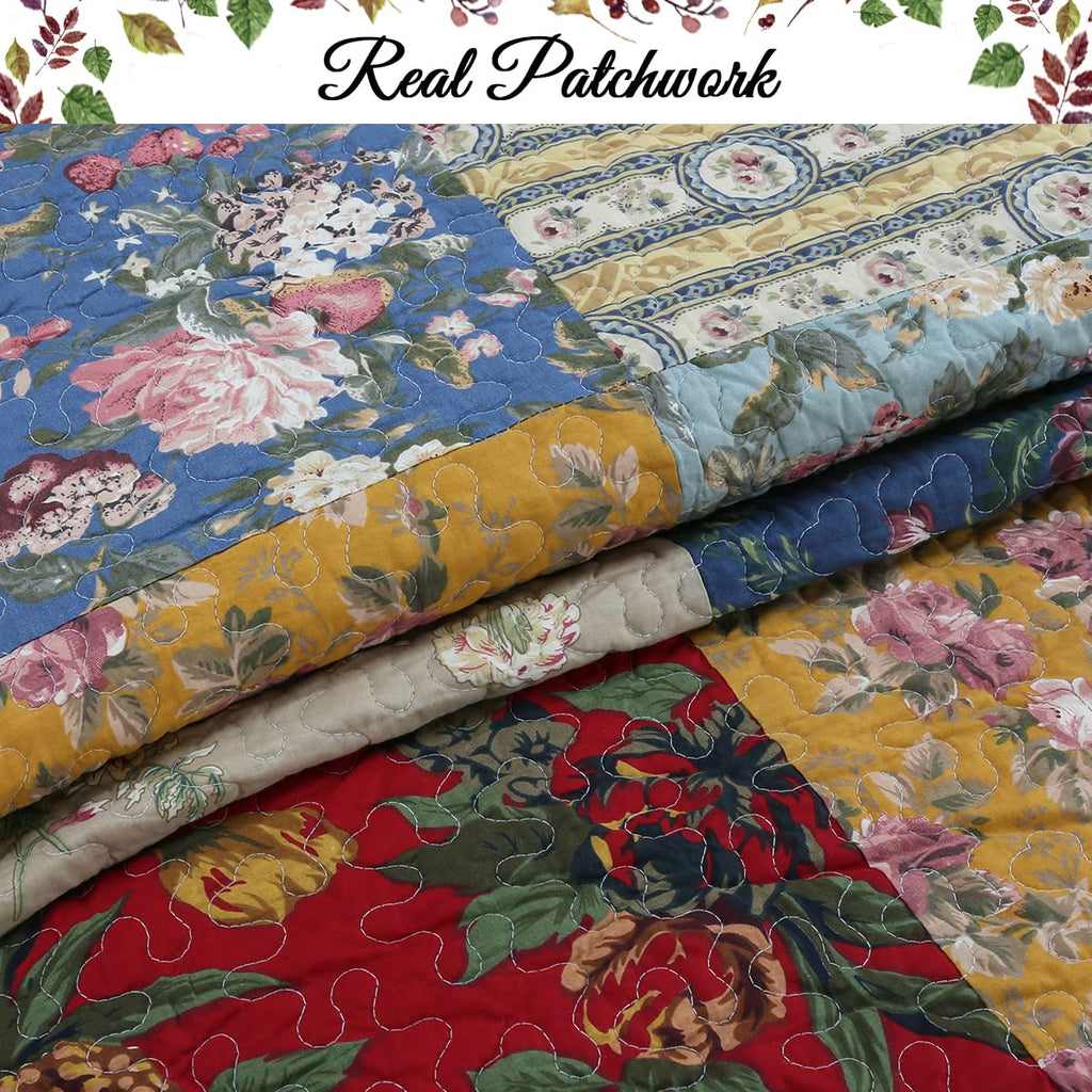 100% Cotton Hand Piecing Real Patchwork Floral Plaid Country Farmhouse Reversible Quilt Bedding Set Coverlet