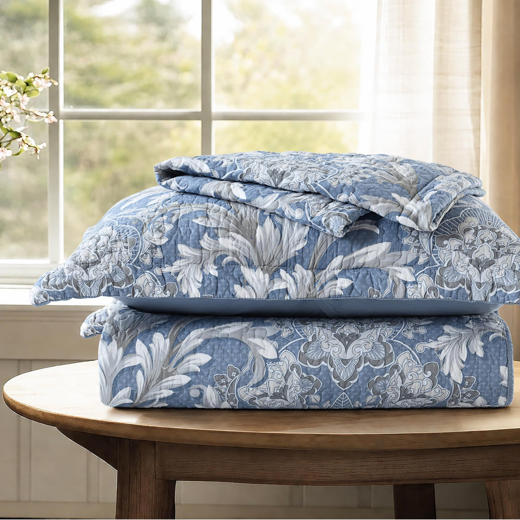100% Cotton Blue Quilt Set, Damask Bedspread, Dusty Blue