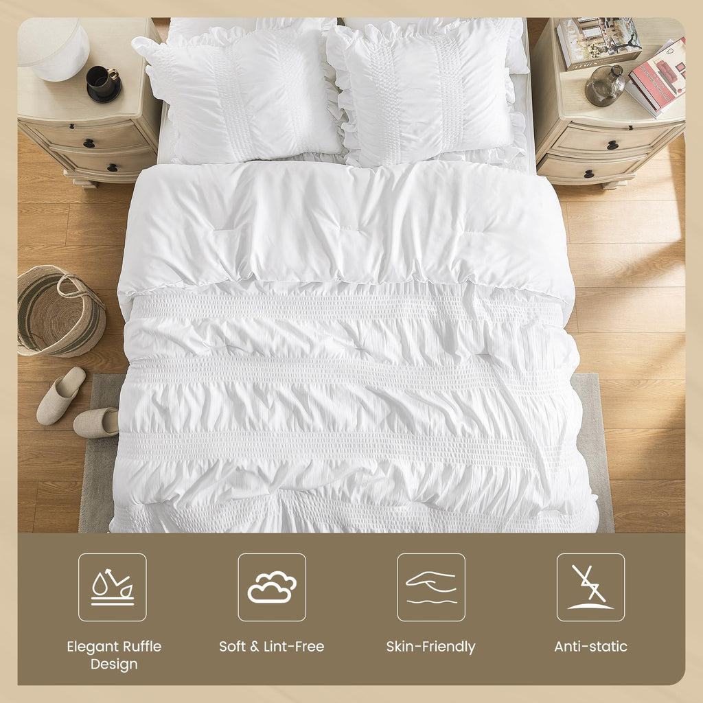Comforter Set Seersucker, 7 Pieces White Ruffle Bed in a Bag