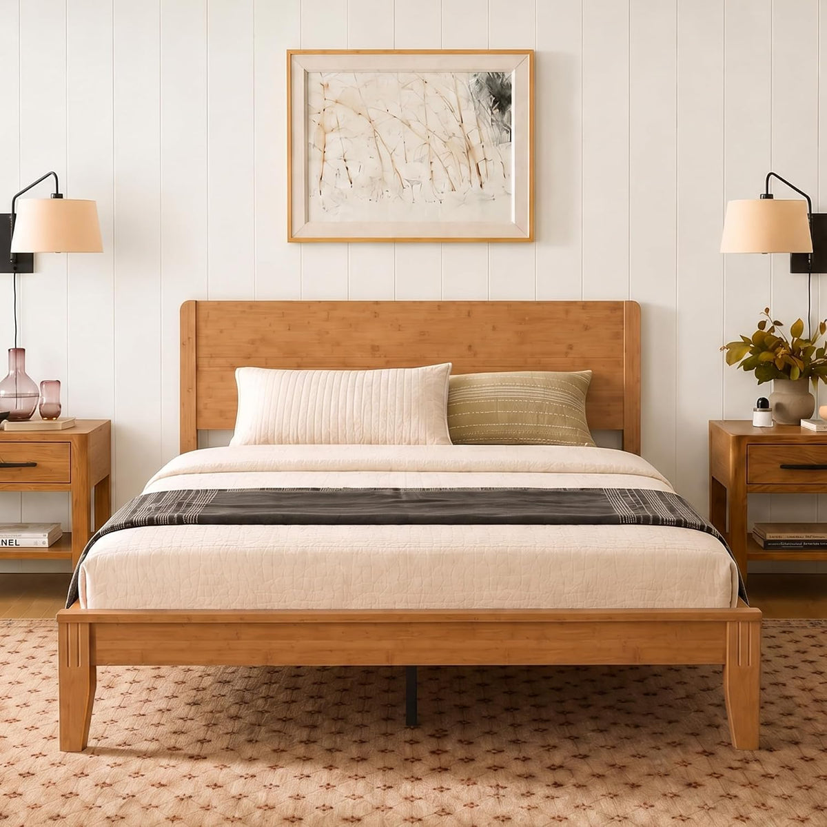 Japanese Joinery Bed Frame, Bamboo Platform Bed with Headboard