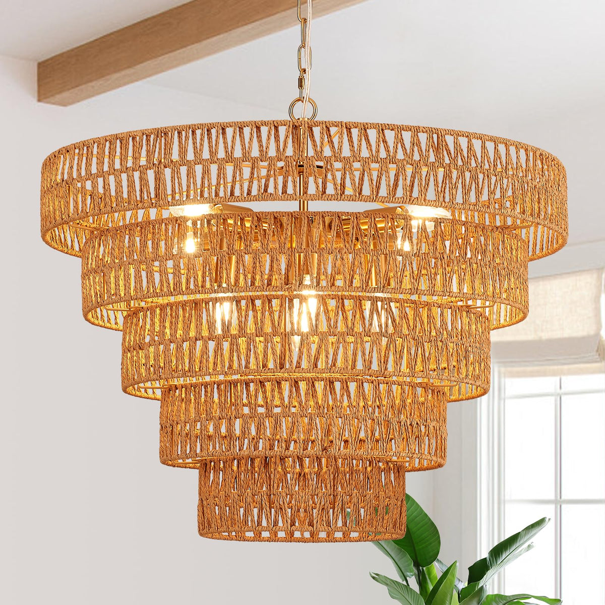 25.6" Gold Rattan Chandelier, 8-Light Boho Woven Light Fixture