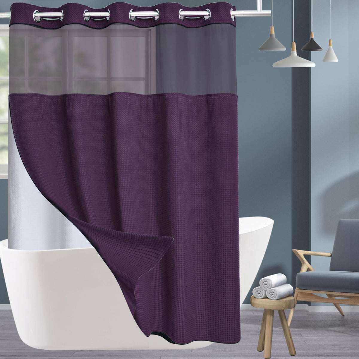 Extra Long No Hook Waffle Weave Shower Curtain with Snap in Liner Set, Hotel Luxury Purple Shower Curtains with See