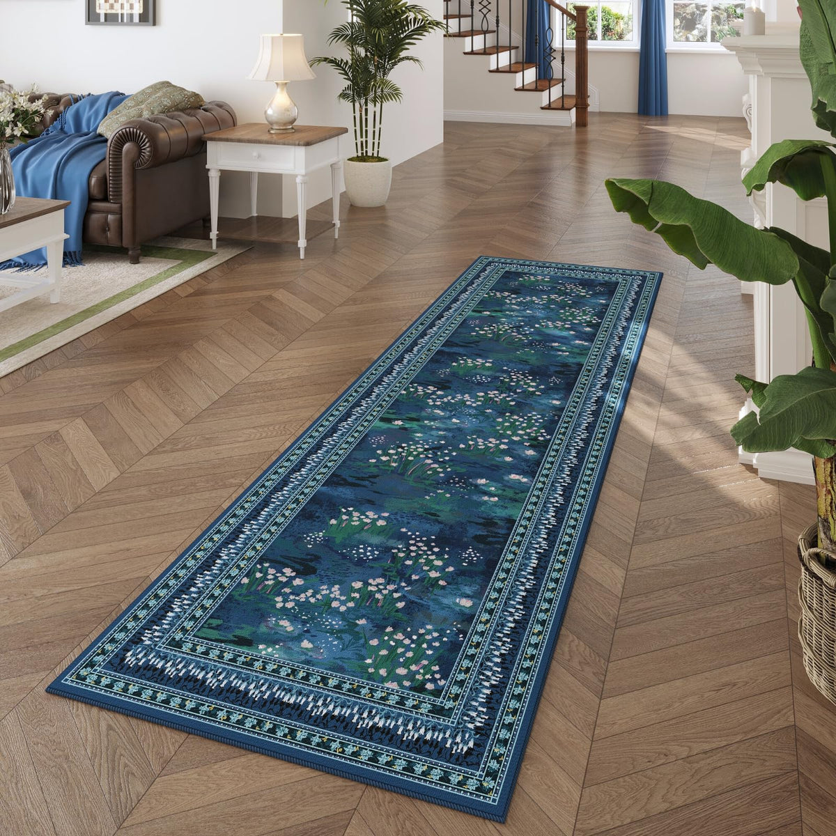Runner Rug Washable Vintage Impressionist-Style, Blue