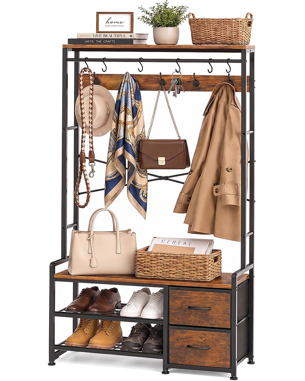 Hall Tree with Bench and Shoe Storage, Rustic Brown