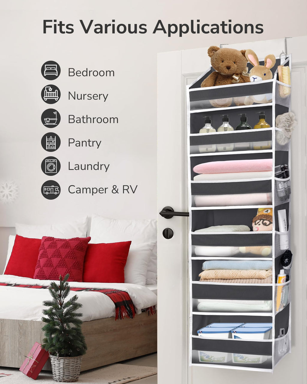Over The Door Organizer with 6 Large Pockets 12 Side Pockets, 50lbs Weight Capacity Door Hanging Organizer , Pantry