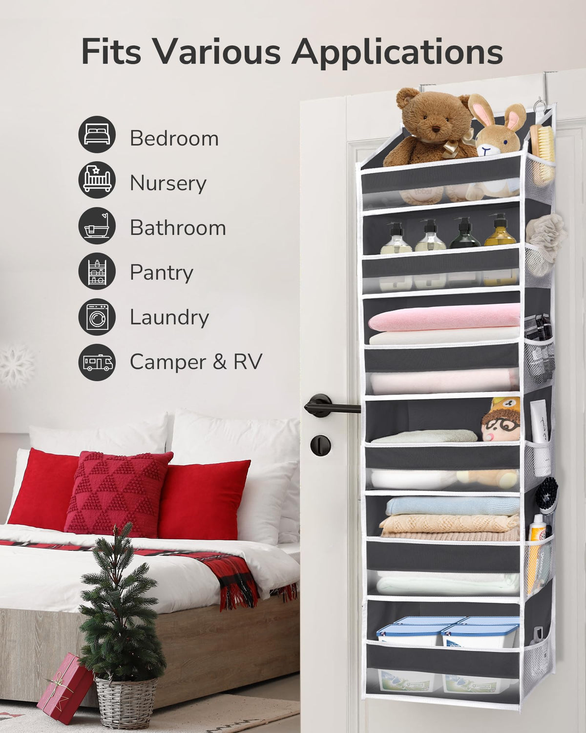 Over The Door Organizer with 6 Large Pockets 12 Side Pockets, 50lbs Weight Capacity Door Hanging Organizer , Pantry